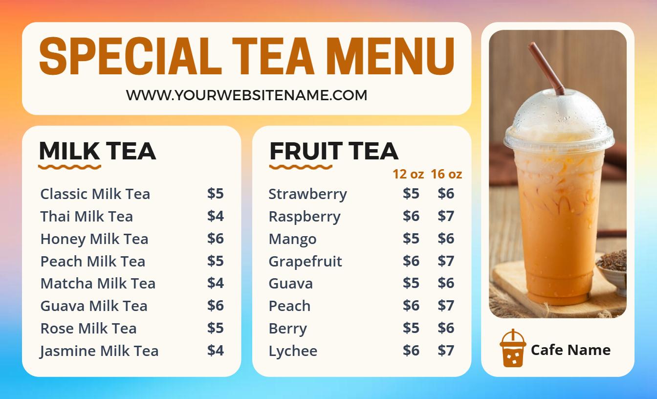 Refreshing Milk and Fruit Tea Varieties with Tasty Options Special Menu Template