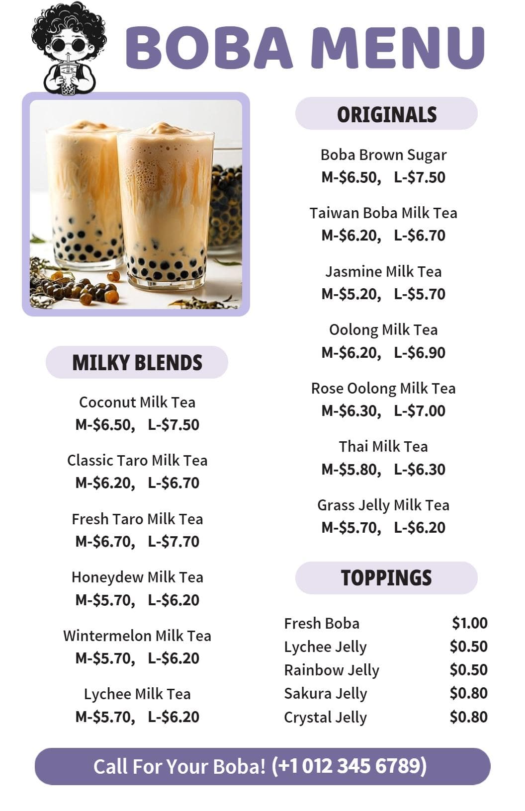Refreshing Milky Boba Tea Choices with Unique Toppings Boba Menu Template