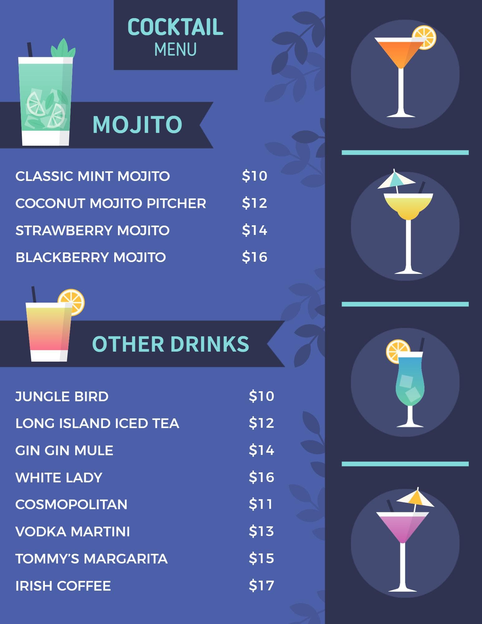 Refreshing Mojito Varieties and Signature Cocktails Cocktail Menu Template
