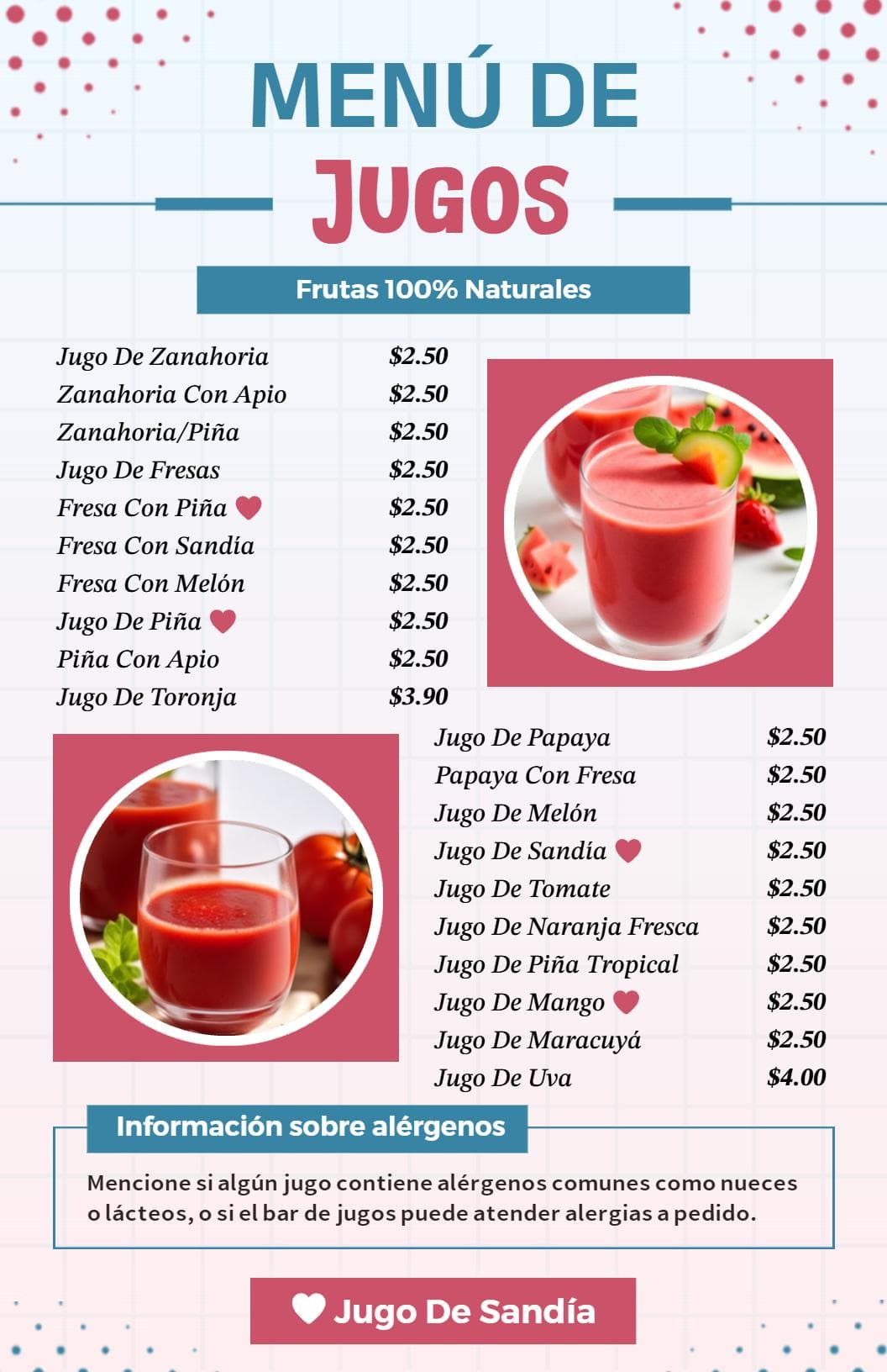 Refreshing Natural Fruit Juice Blends and Combinations Juice Menu Template