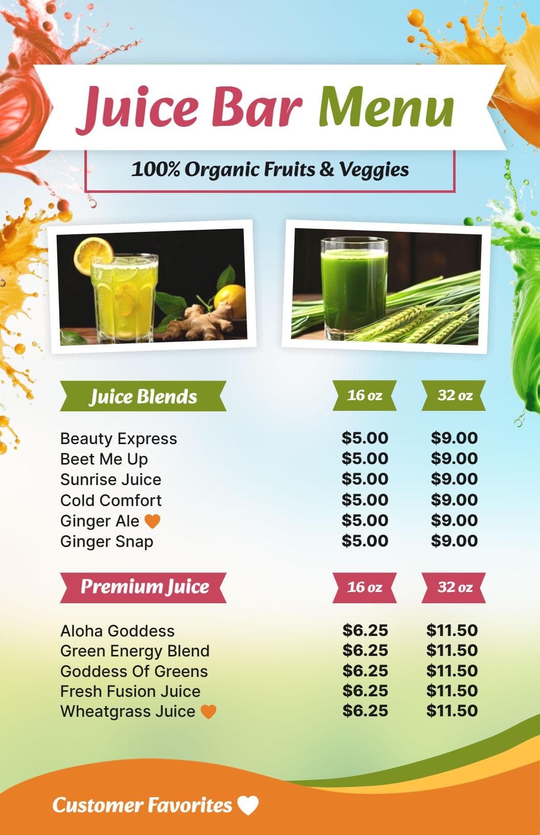Refreshing Organic Juice Blend Selections and Flavors Juice Menu Template