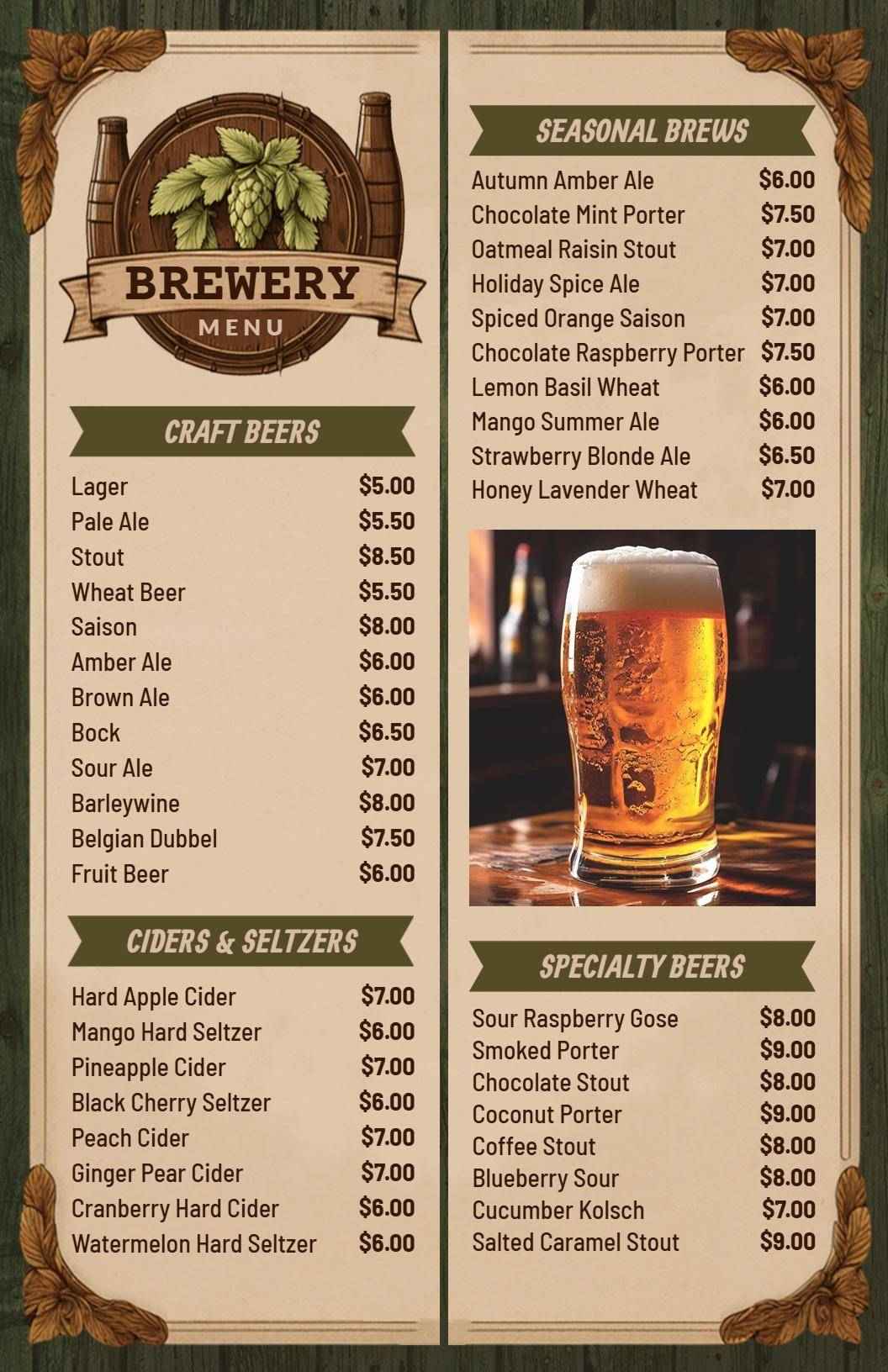 Refreshing Seasonal Brews and Classic Ales Bar Menu Template
