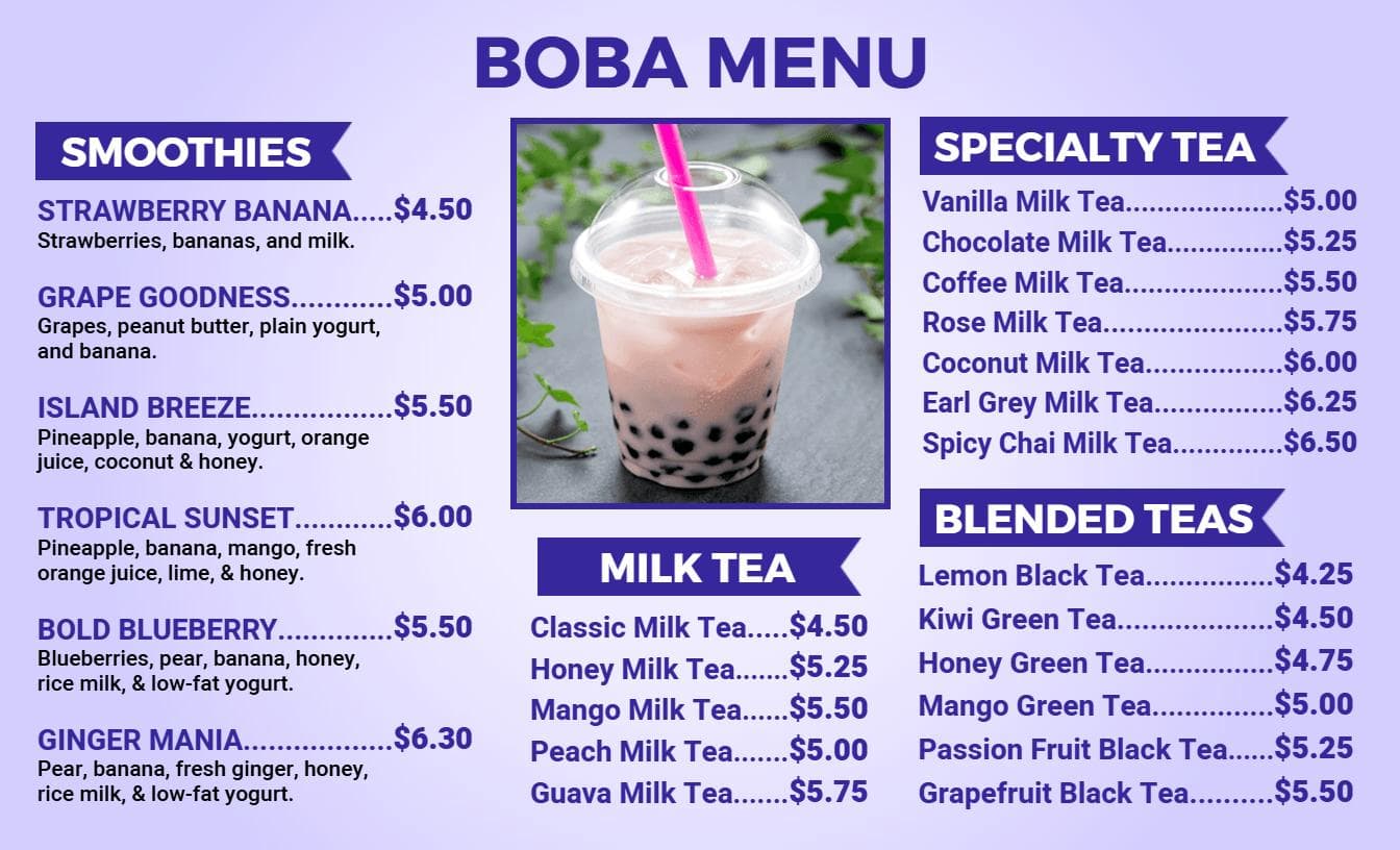 Refreshing Smoothies and Flavorful Milk Teas Boba Menu Template