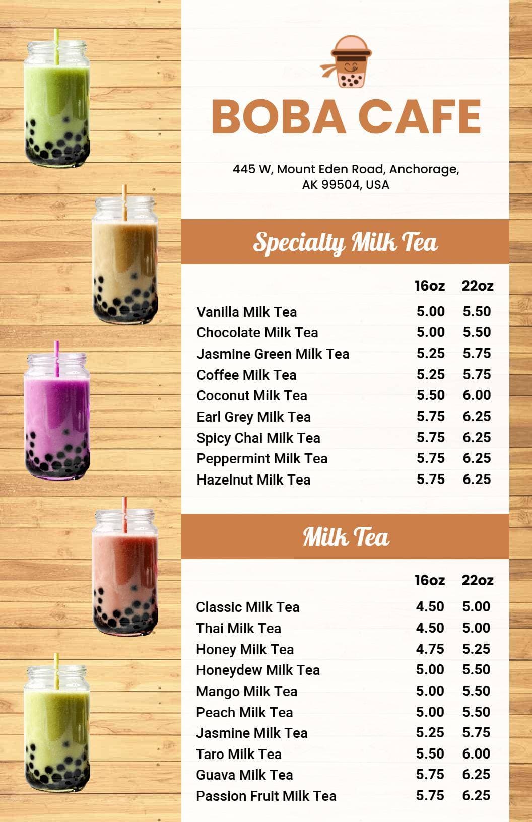Refreshing Specialty and Classic Milk Tea Selections Boba Menu Template