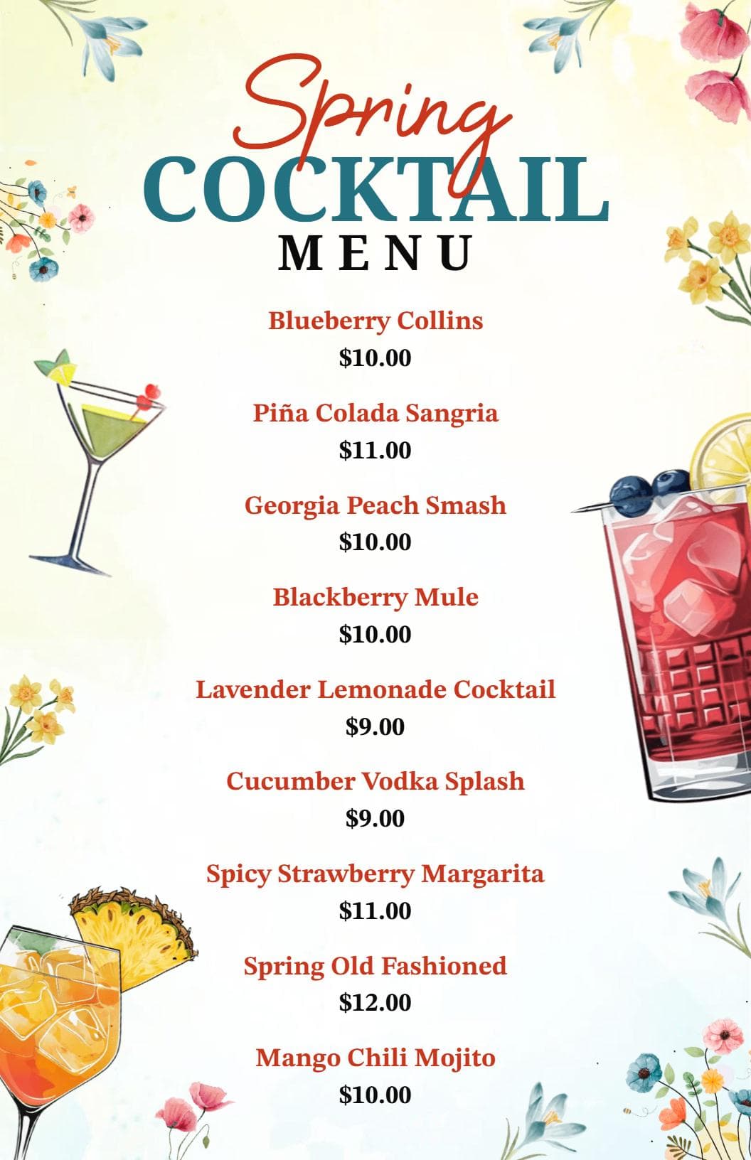 Refreshing Spring Cocktails with Fruity Flavors Cocktail Menu Template