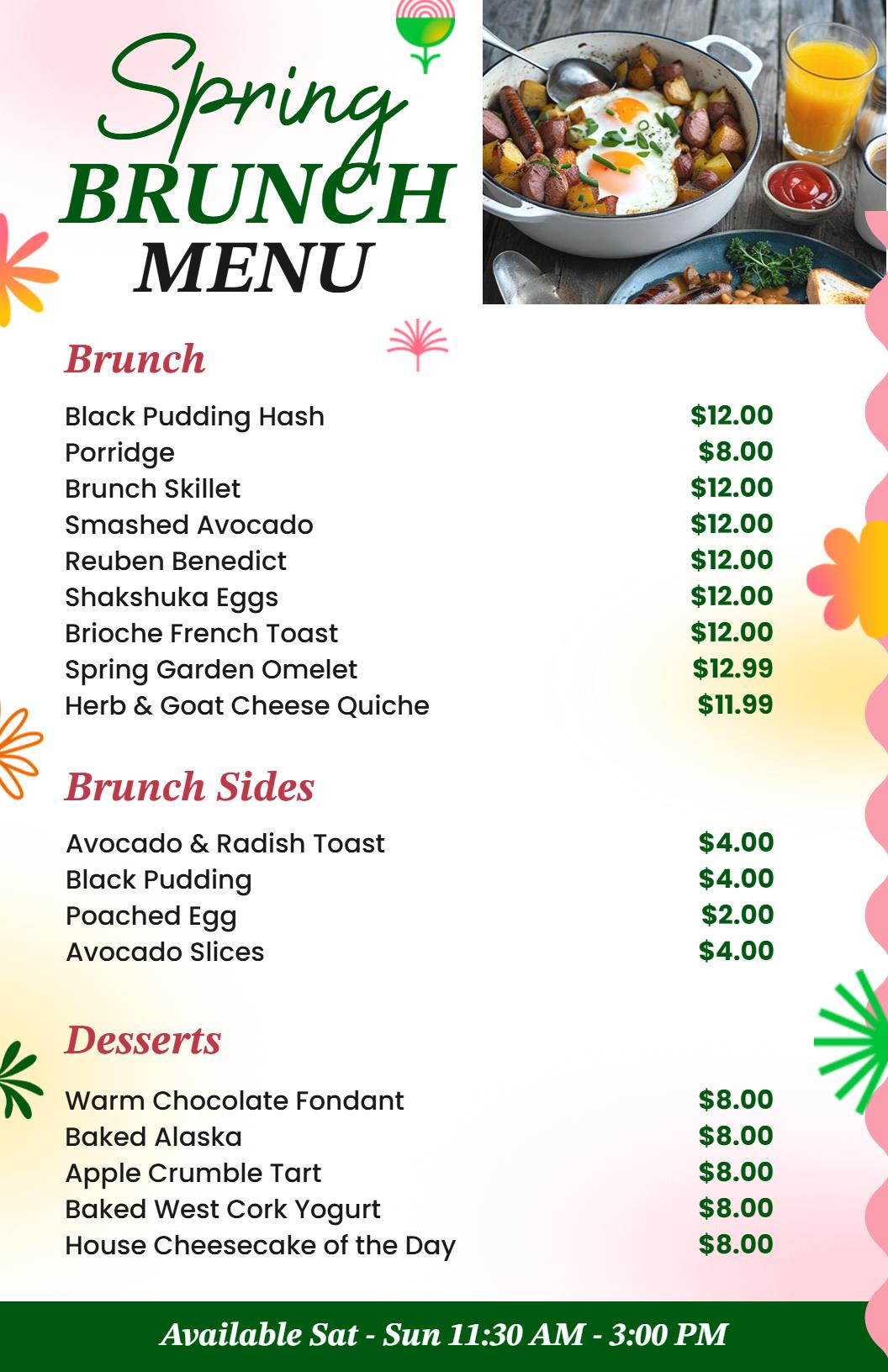 Refreshing Spring Specialties with Savory and Sweet Brunch Menu Template
