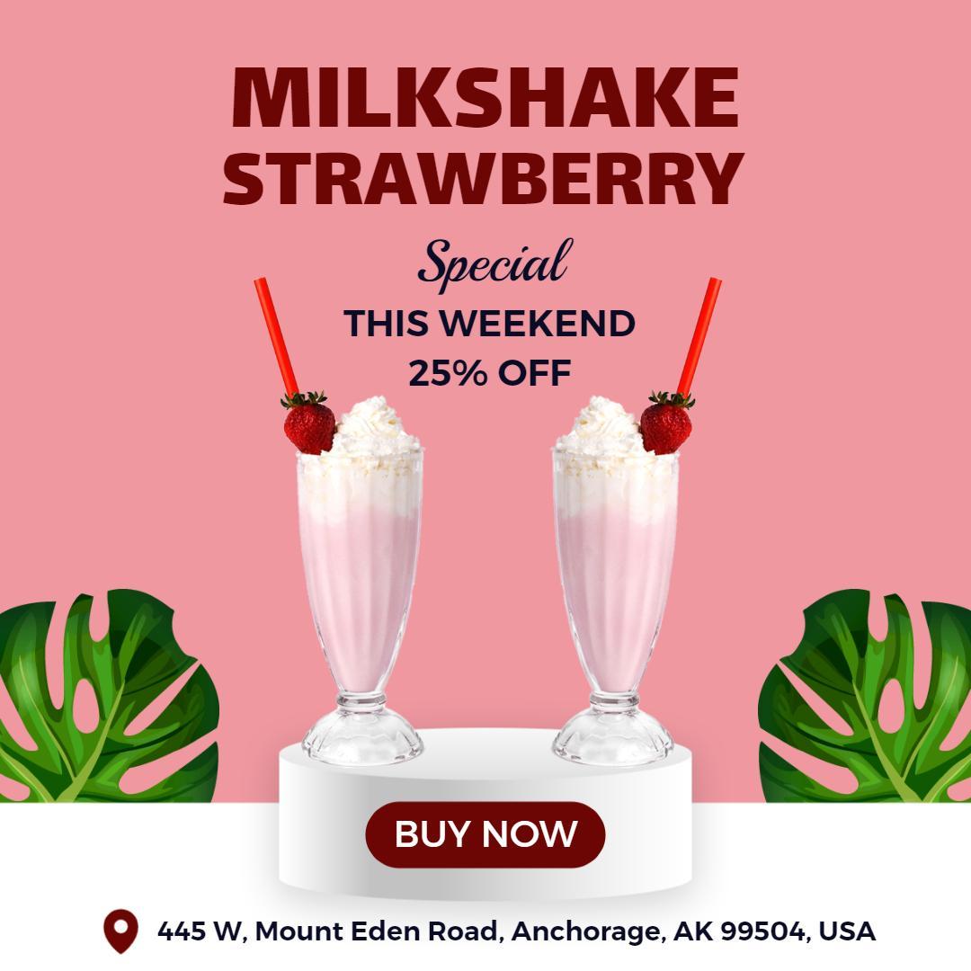 Refreshing Strawberry Milkshake Special with Discount Offer Ad Template