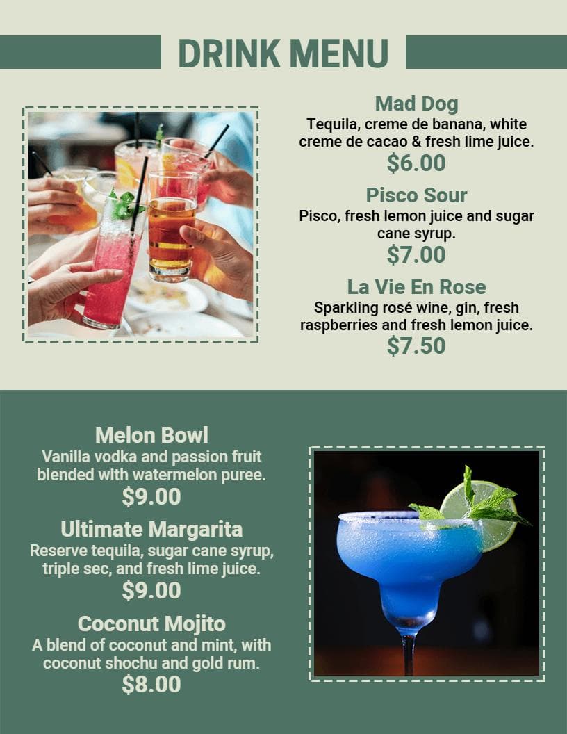 Refreshing Summer Cocktails with Fruits and Flavors Cocktail Menu Template