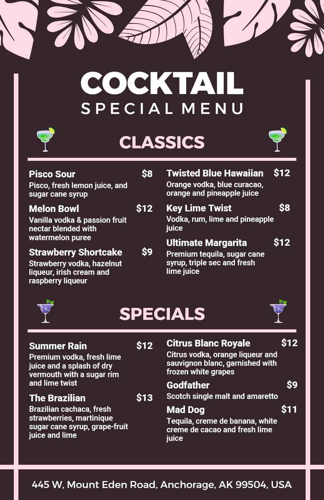 Refreshing Tropical and Classic Selections Cocktail Menu Template