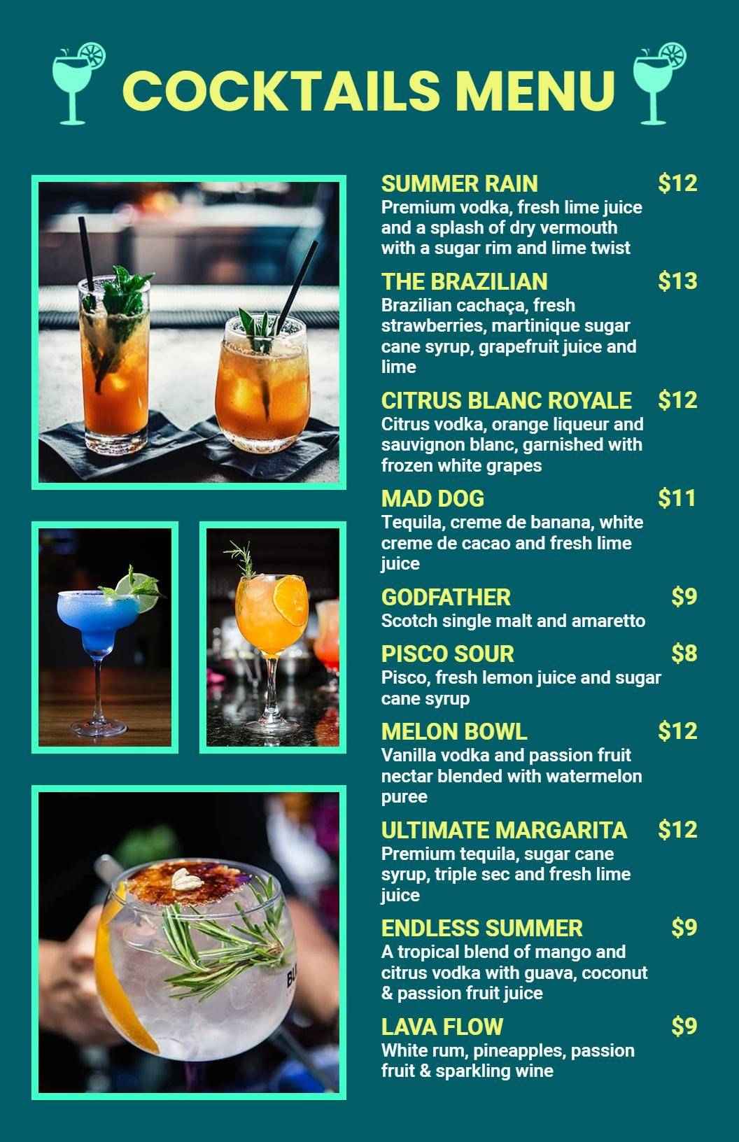 Refreshing Tropical Drinks and Flavorful Cocktails Menu Template