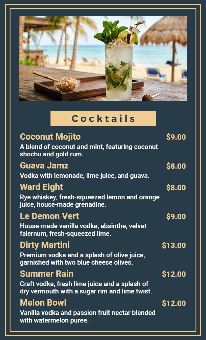 Refreshing Tropical Flavors and Unique Mixes Cocktail Menu Template