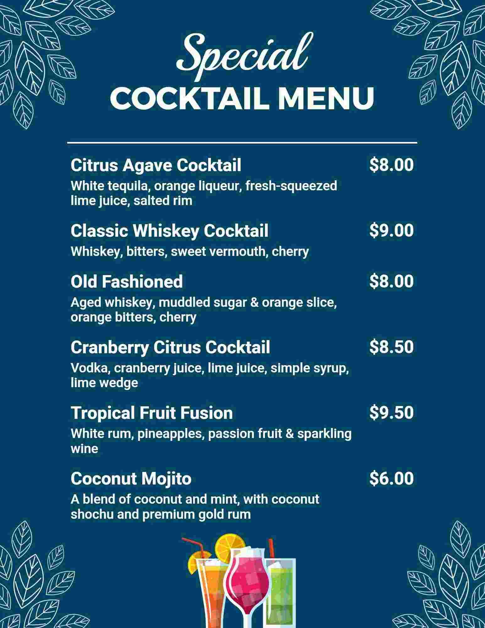 Refreshing Tropical Fruit Cocktails and Straight Classics Cocktail Menu Template