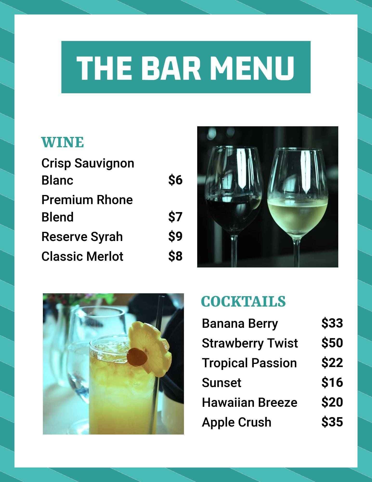 Refreshing Wine Selections and Creative Cocktails Bar Menu Template