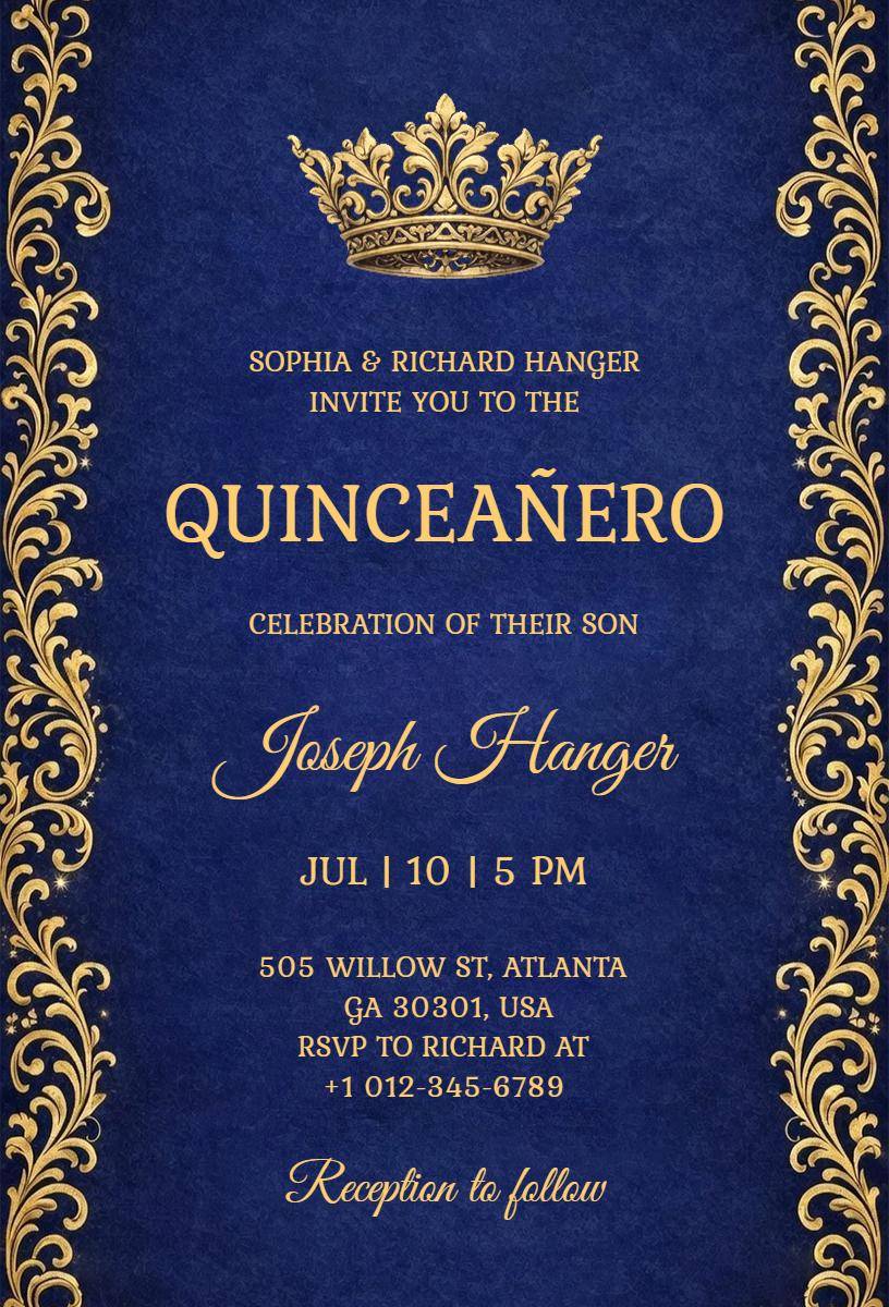Regal Blue Gold Crown Quinceanero Celebration Invitation Template