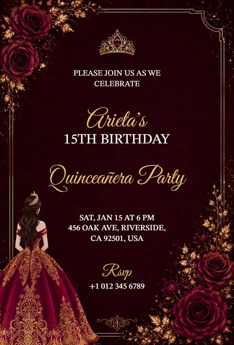 Regal Burgundy Quinceanera Celebration Birthday Invitation Template