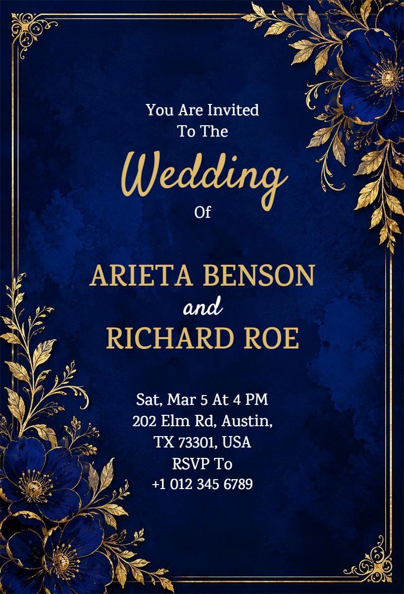 Regal Floral Navy Blue Wedding Celebration Invitation Template