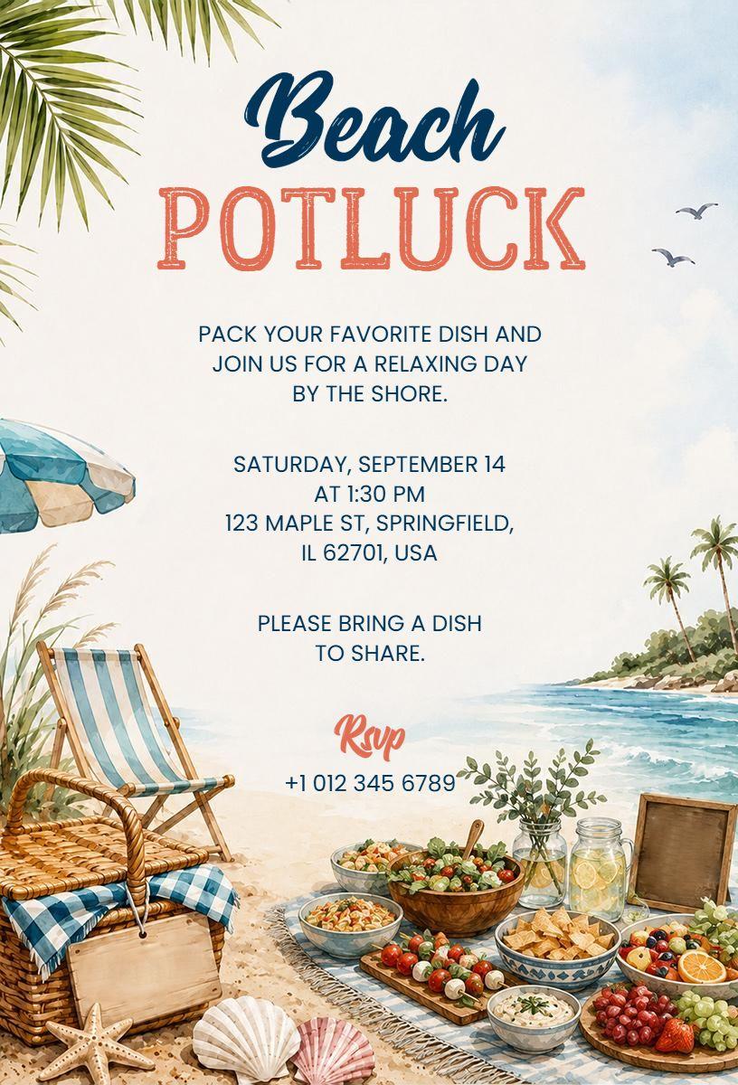 Relaxing Beach Gathering Summer Potluck Invitation Template