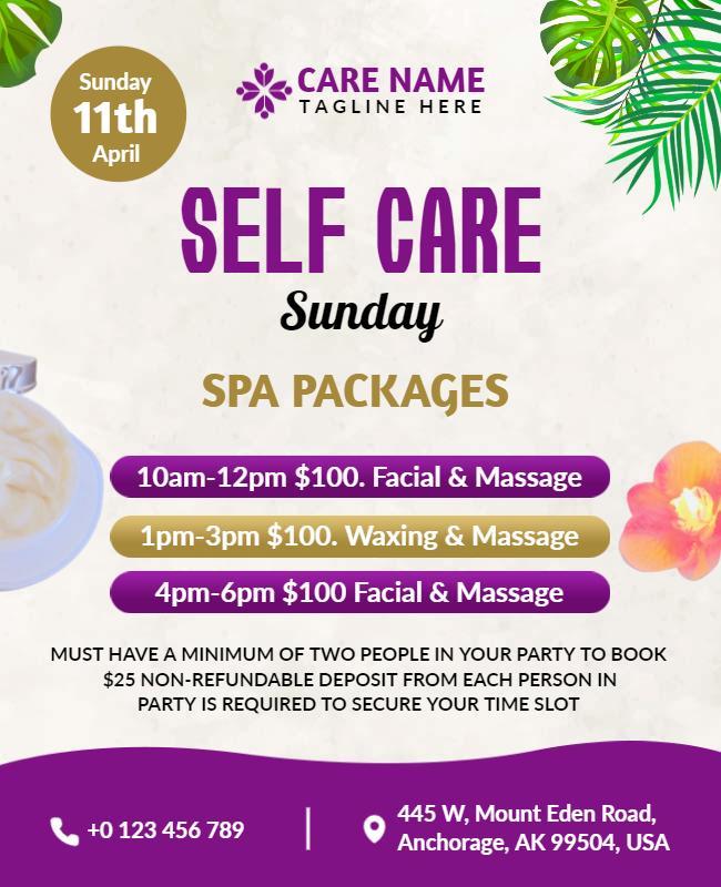 Luxurious Purple Spa Packages Self Care Sunday Flyer Template