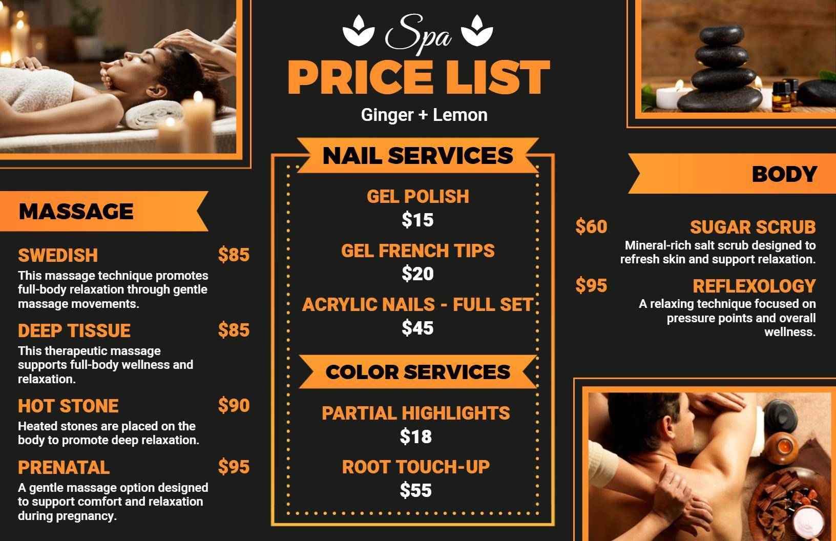 Relaxing Spa Body Treatments and Massage Price List Template