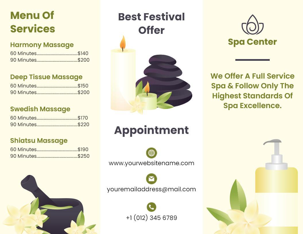 Relaxing Spa Services Menu and Festival Offer Brochure Template
