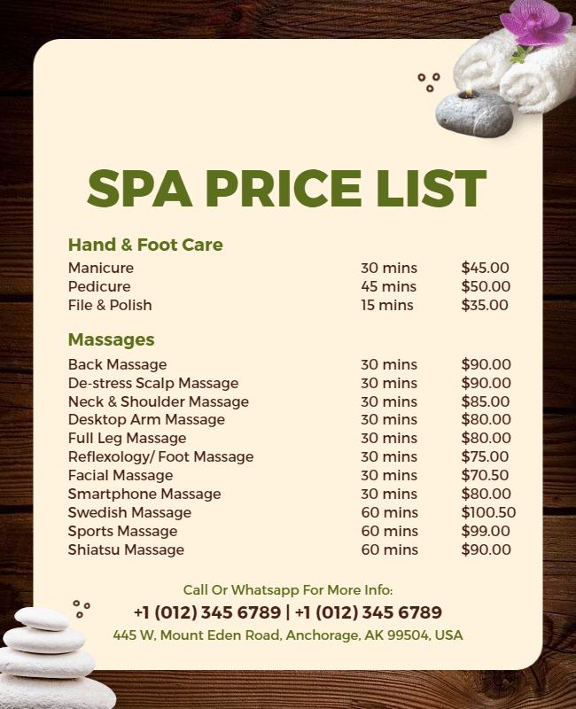 Relaxing Spa Services Price List Flyer Template