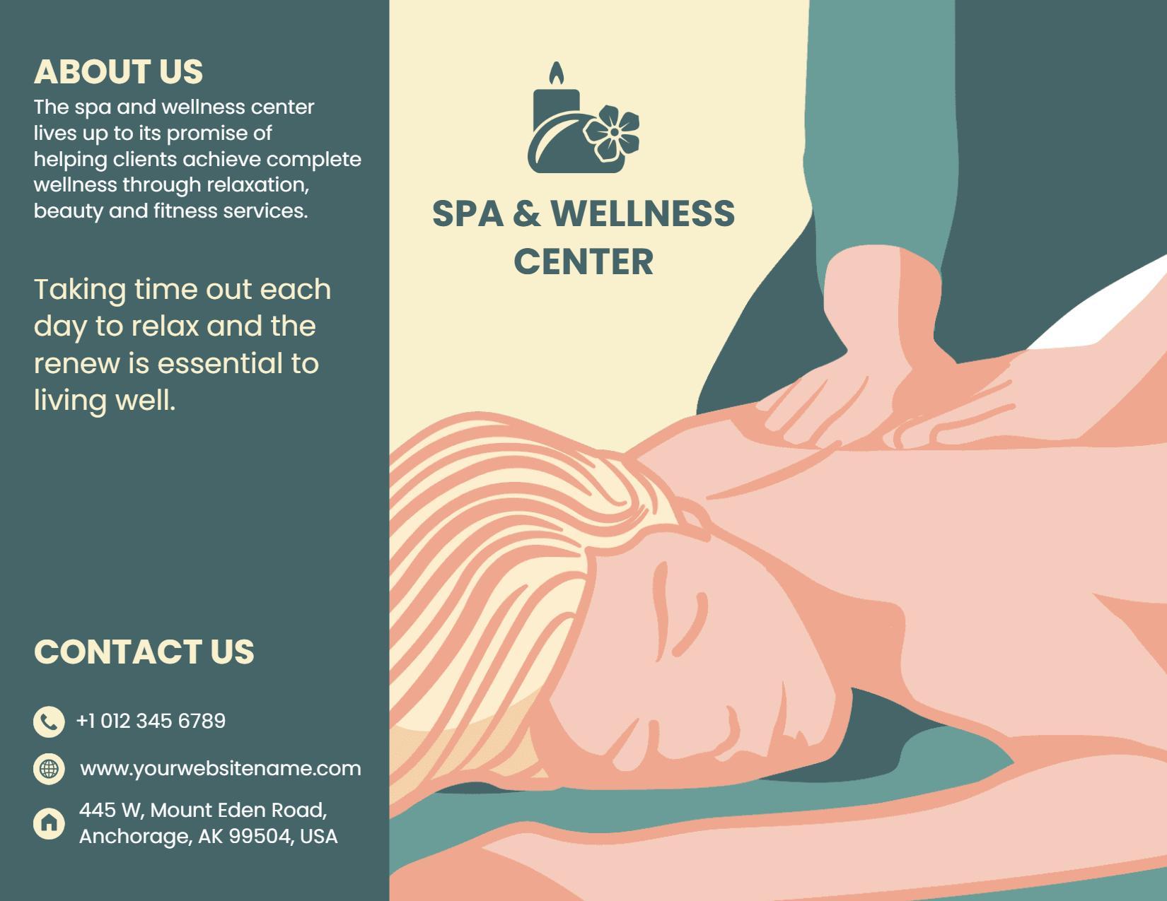 Relaxing Spa Wellness Center Massage and Beauty Services Brochure Template
