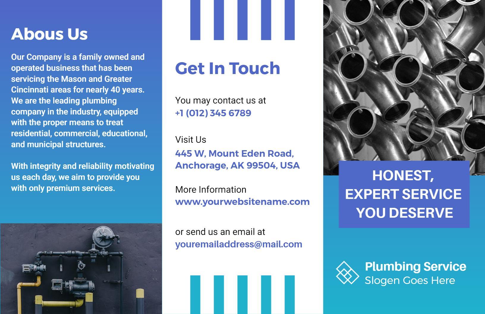 Reliable Blue Plumbing Services and Solutions Tri Fold Brochure Template