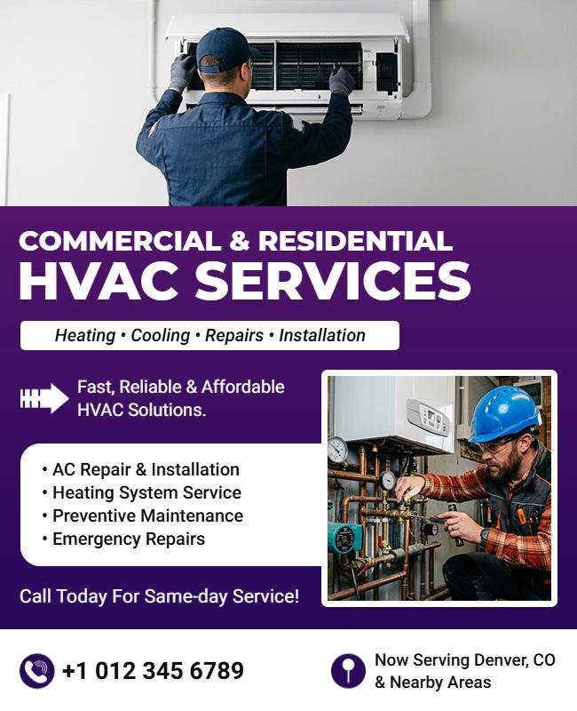 Reliable Purple HVAC Maintenance and Repair Services Flyer Template
