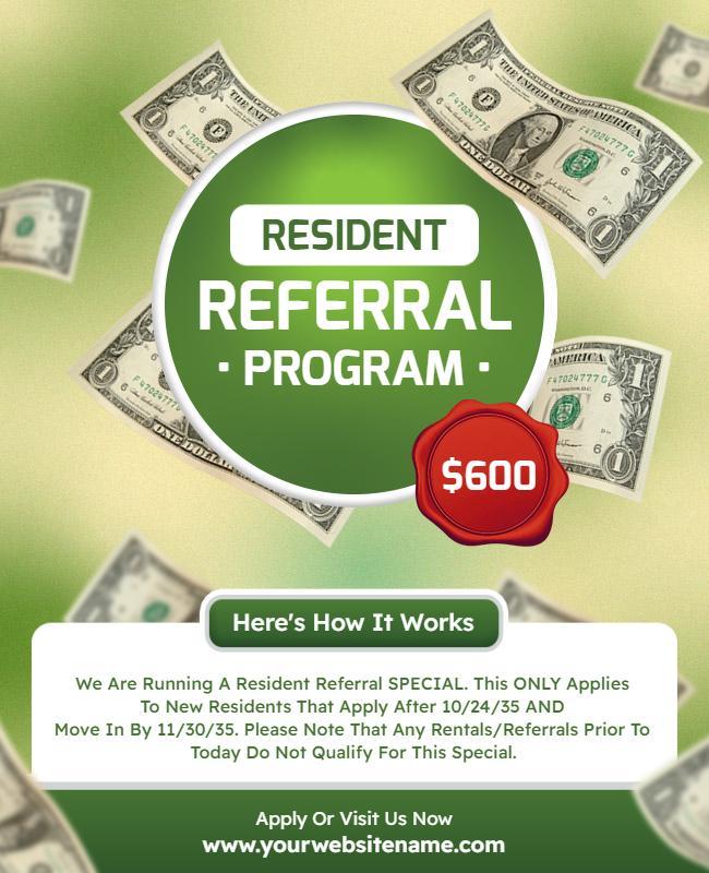 Green Money-Themed Resident Referral Program Flyer Template