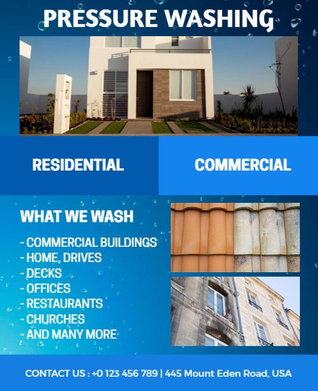 Bold Blue Pressure Washing Residential and Commercial Flyer Template