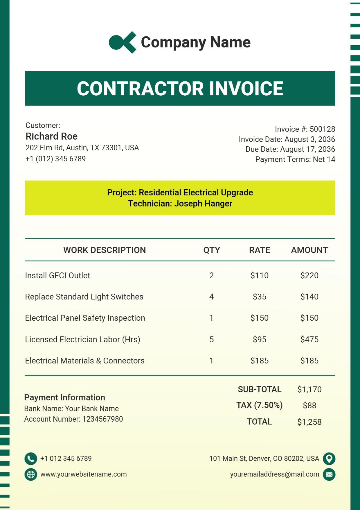 Residential Electrical Services Billing with Rates Contractor Invoice Template