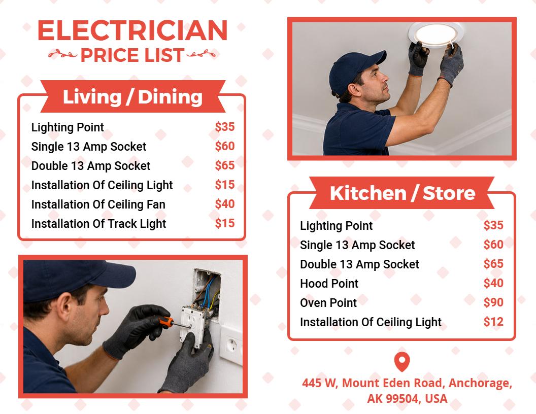 Residential Electrician Service Price List Template