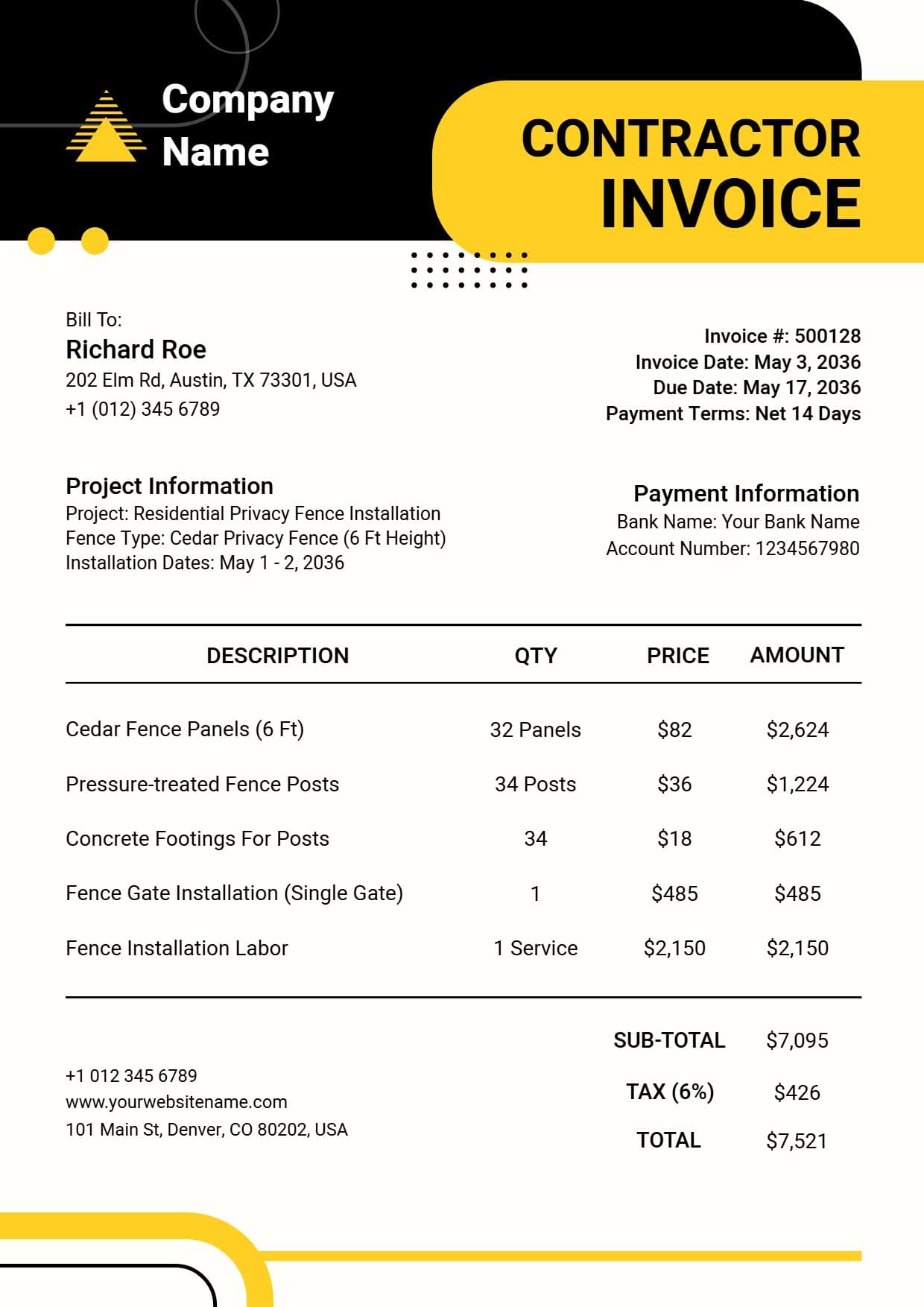 Residential Fence Installation Charges Contractor Invoice Template