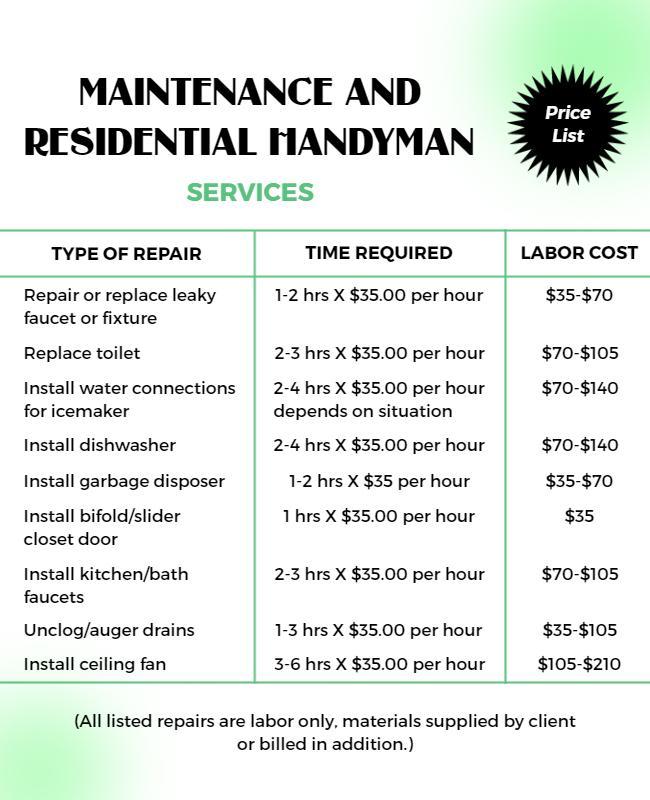 Residential Handyman Services Price List Flyer Template