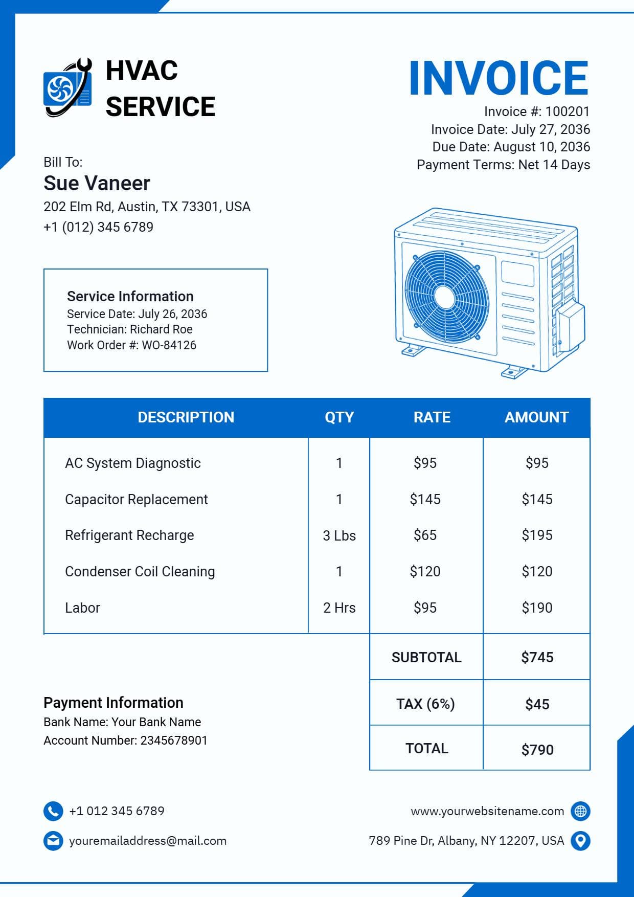 Residential HVAC Repair and Maintenance Service Charges Invoice Template