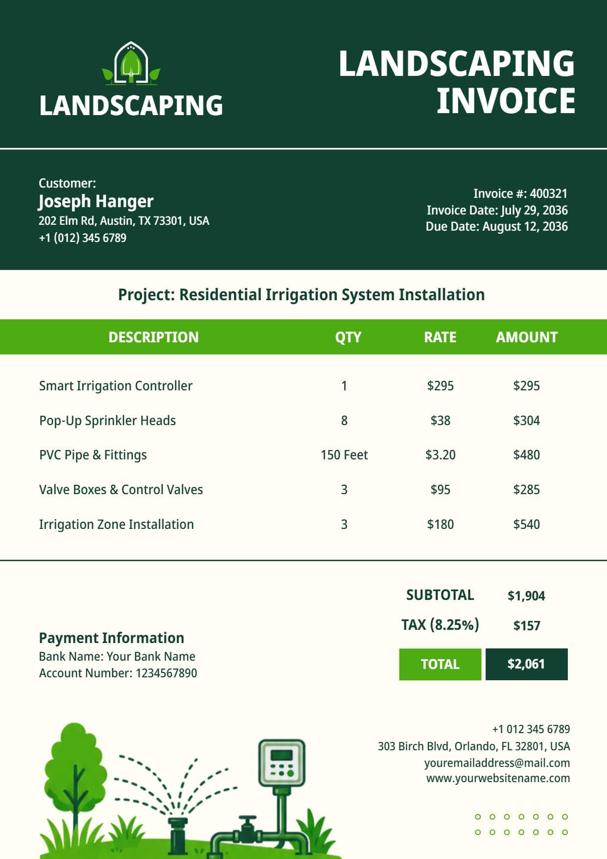 Residential Irrigation System Installation Billing Landscaping Invoice Template