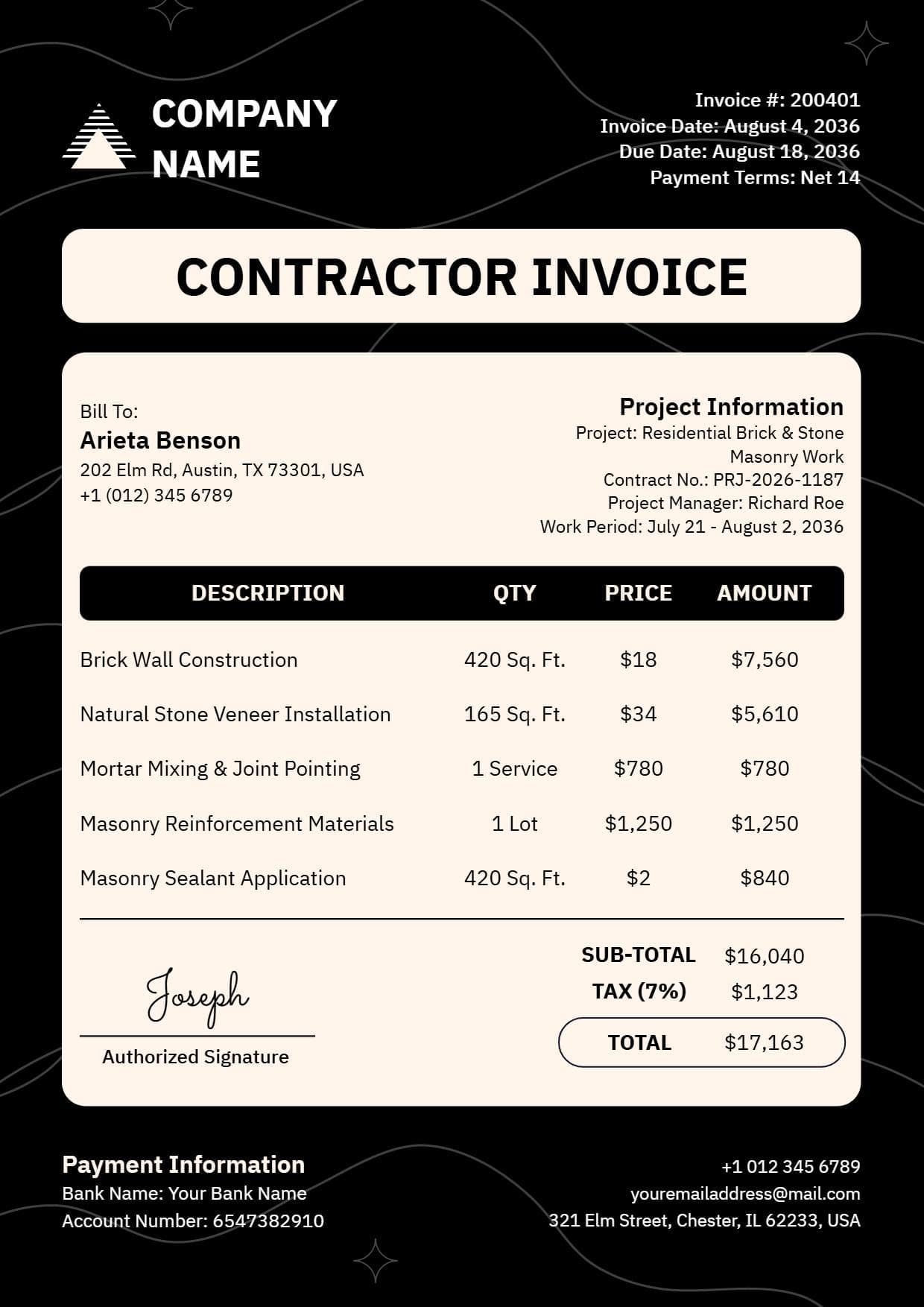 Residential Masonry Work Billing Contractor Invoice Template