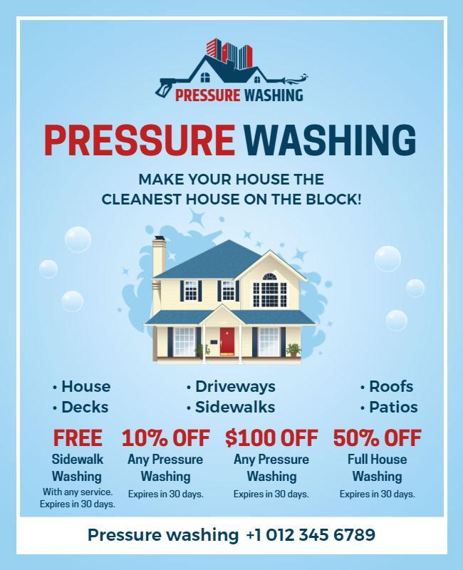 Bright Blue Residential Pressure Washing Promotion Flyer Template