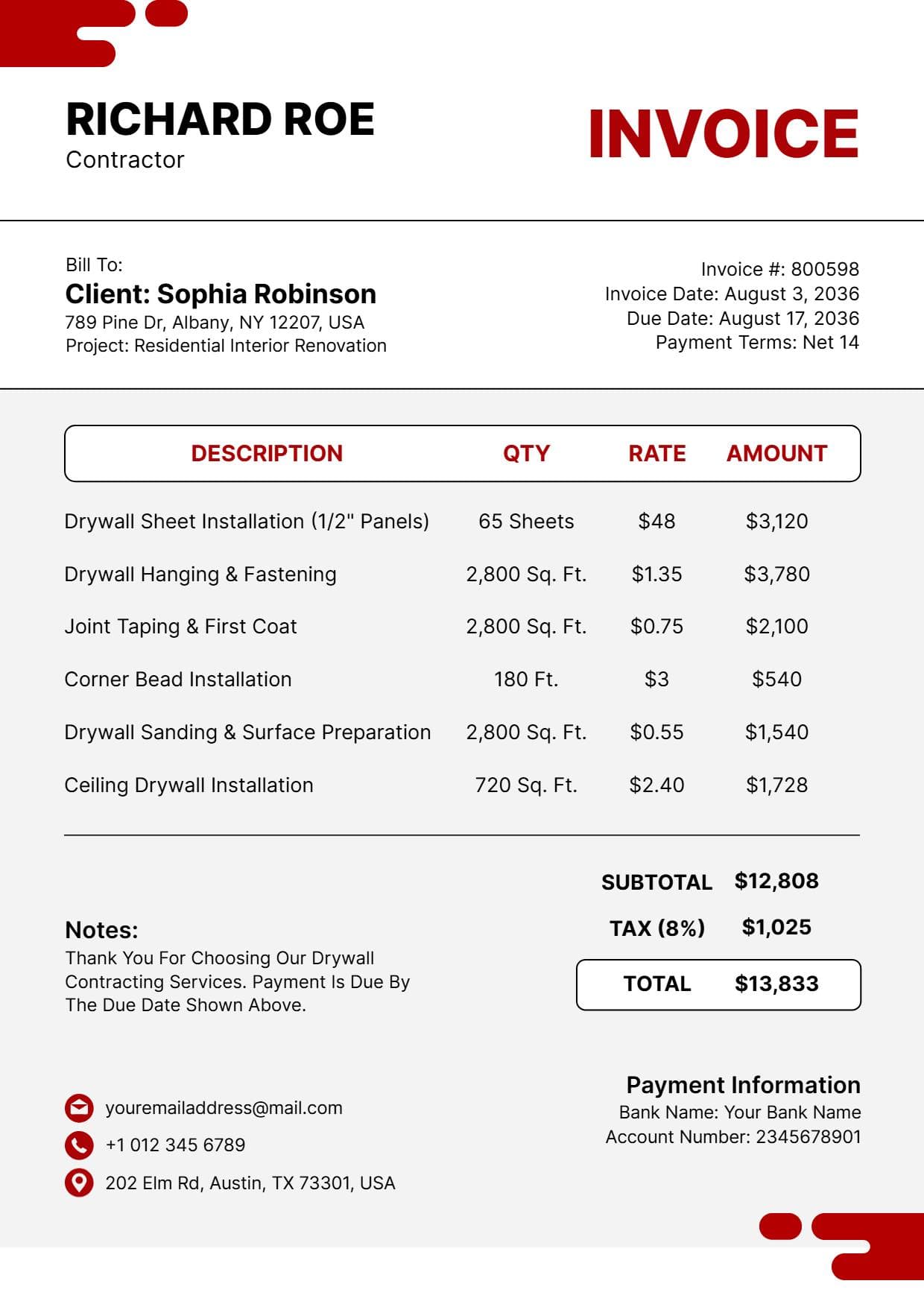 Residential Renovation Project Billing with Charges Contractor Invoice Template