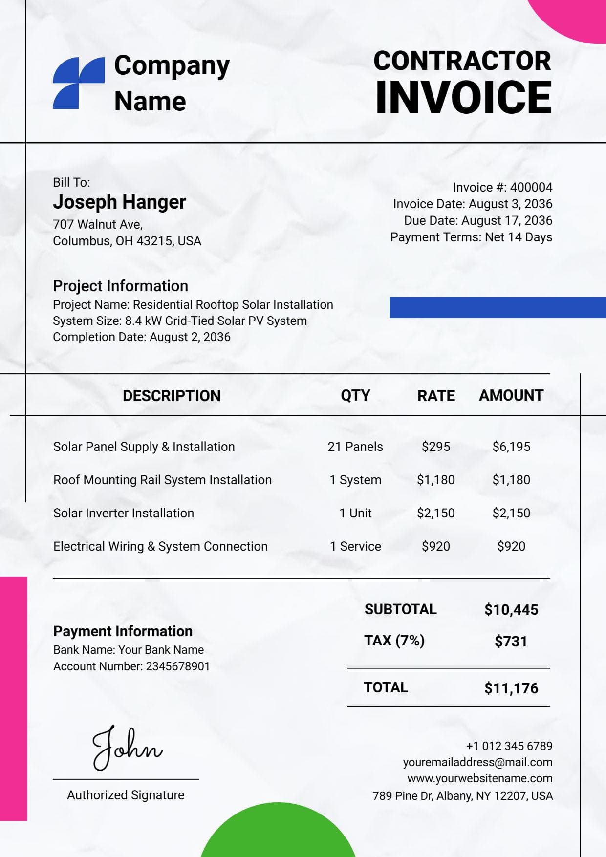 Residential Solar Installation Billing with Costs Contractor Invoice Template
