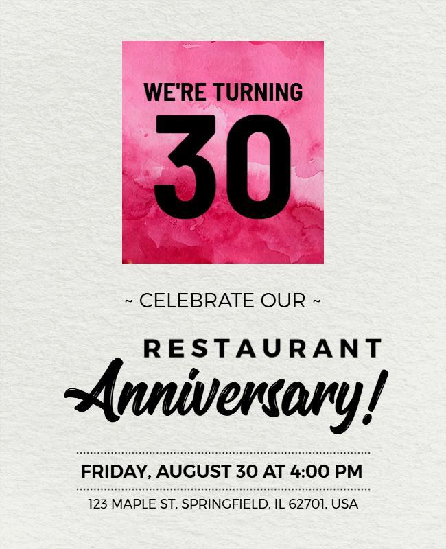 Vibrant Pink Watercolor 30th Restaurant Anniversary Flyer Template