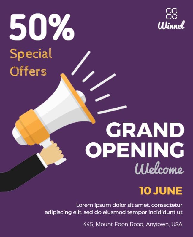 Vibrant Purple Grand Opening Special Offers Flyer Template