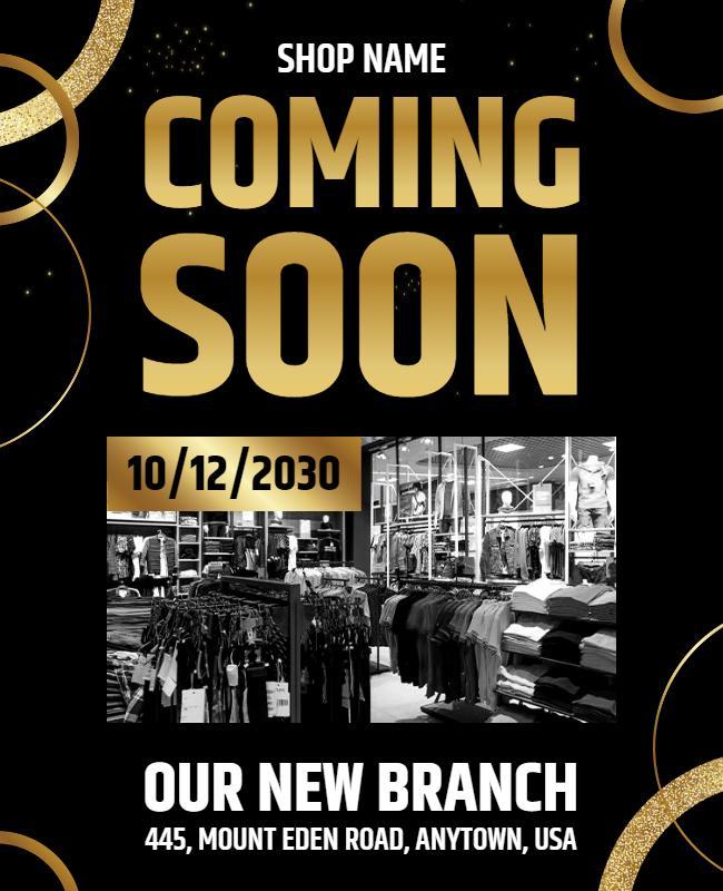 Elegant Black and Gold Coming Soon Store Opening Flyer Template