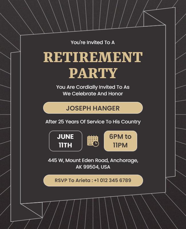 Elegant Black Gold Retirement Party Celebration Flyer Template