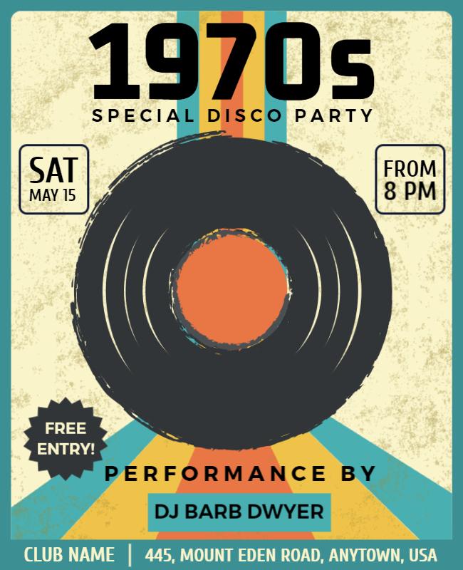 Retro 1970s Disco Vinyl Record Party Flyer Template