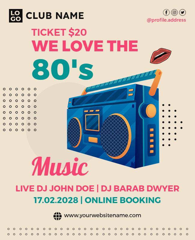 Retro 80s Music Party with Colorful Boombox Poster Template