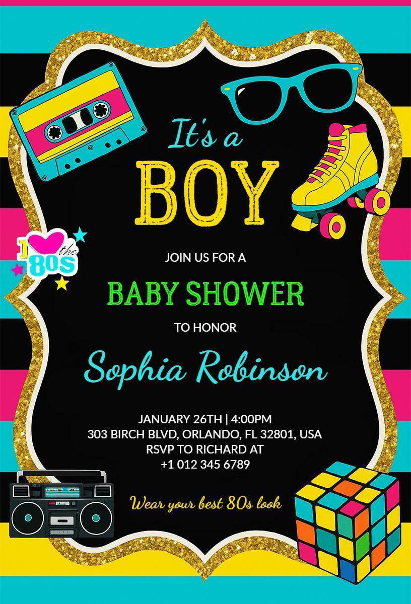 Retro 80s Party Theme Baby Shower Invitation Template