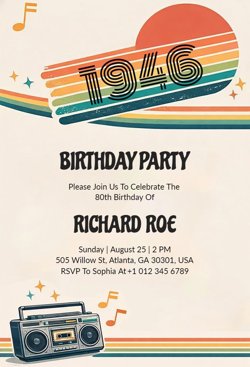 Retro 80th Birthday Celebration Boombox Invitation Template