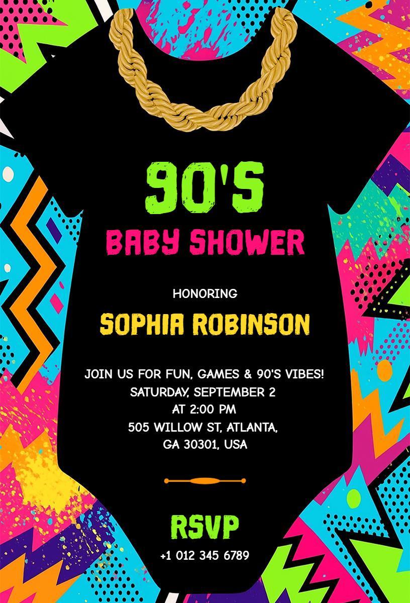 Retro 90's Theme Colorful Baby Shower Invitation Template