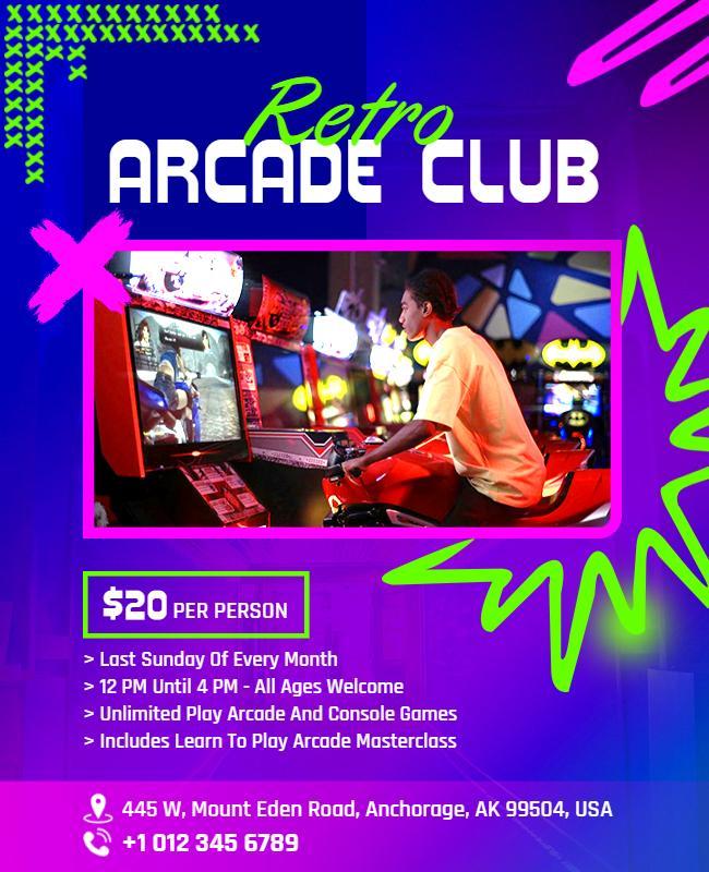 Vibrant Neon Retro Arcade Club Monthly Event Flyer Template